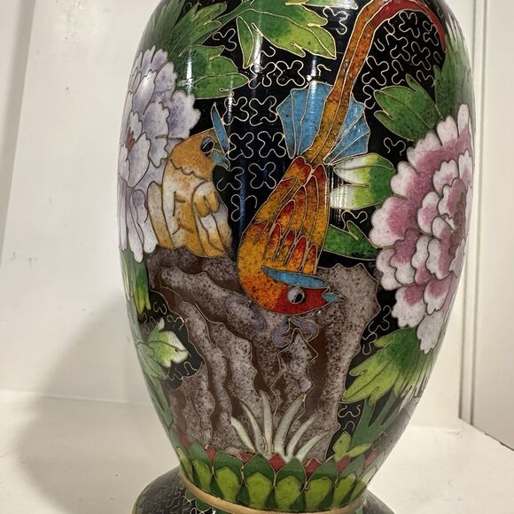Vintage 70s Chinese Cloisonné Vase Peony & Bird Motif Black Enamel Brass Trim 8” - Picture 4 of 13